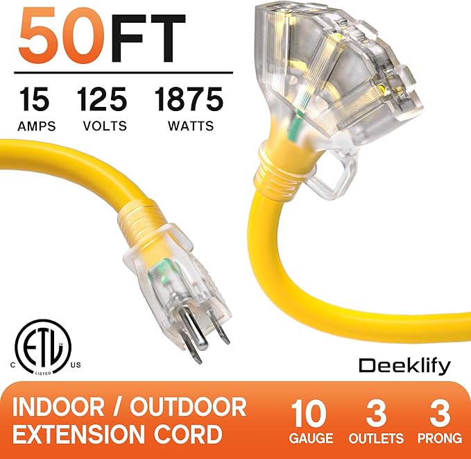 50 ft 10 Gauge Heavy Duty 3 Outlet Extension Cord Splitter - Image 2