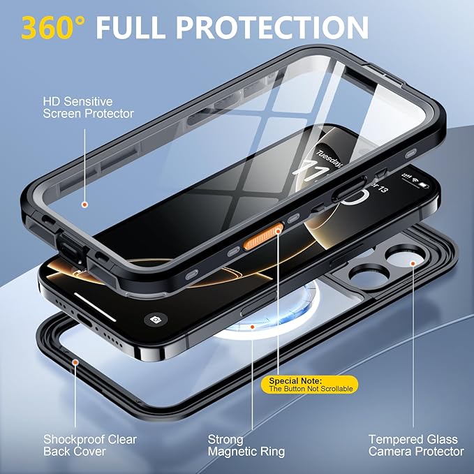 Red2Fire for iPhone 16 Pro Case Waterproof, Phone Case 6.3" Black/Clear - Image 4