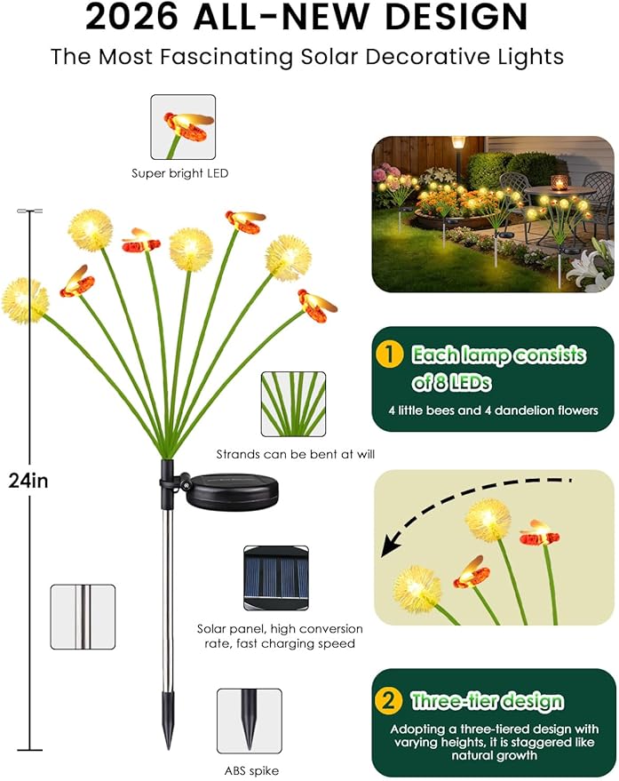 Solar Garden Lights Outdoor, Solar Swaying Dandelion Bee Lights Waterproof - Image 3
