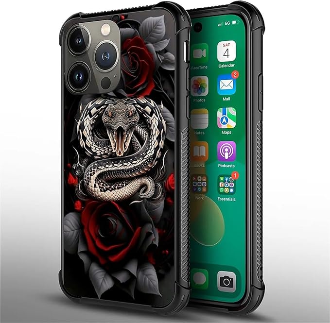 for iPhone 14 Pro Max Case, Entwined Rose Snake Pattern Graphic Design Girl Boy - Image 3