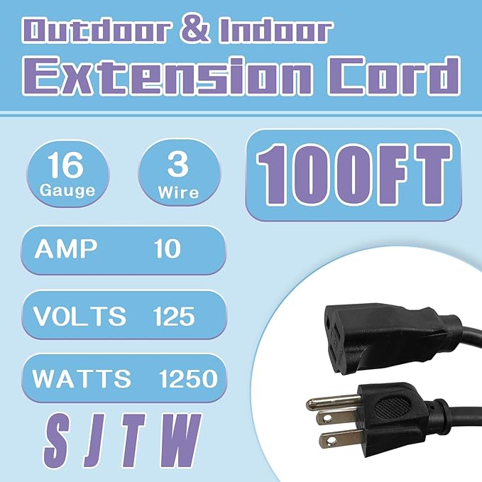 Indoor Outdoor Extension Cord 100 FT, 16/3 SJTW Weatherproof Black Electrical - Image 2