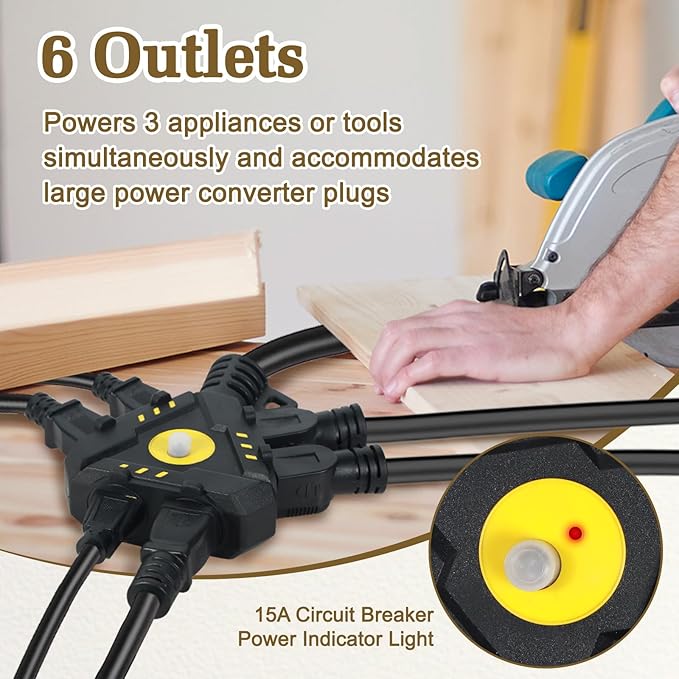 25FT 14 Gauge Outdoor Extension Cord 6-Outlet 14/3 SJTW Heavy Duty Extension - Image 3