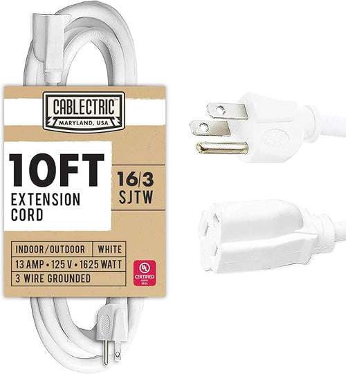 16/3 White Outdoor Extension Cord 10 Foot - 13 Amp Electrical Cable 3 Prong by Cablectric
