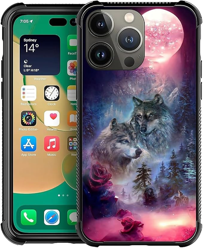 for iPhone 13 Pro Max Case, Star Two Wolfs Howling Pattern Graphic Design Girl by FKBRCL4U