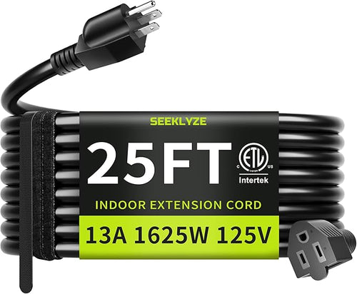 16/3 Black 25 FT Extension Cord, Indoor Extension Cord by Seeklyze