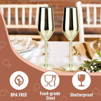 TJ Unbreakable 8 Oz Stainless Steel Champagne Flutes- Gold Champagne Glasses - Image 2