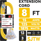 EP 8 Ft 12 Gauge Heavy Duty Extension Cord, 15A 125V 1875W, 3 Outlet - Image 2