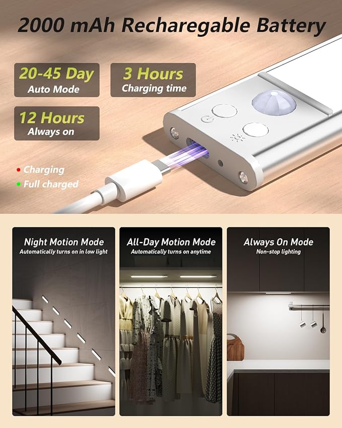 Under Cabinet Lighting, Rechargeable Motion Sensor Light Indoor, 4 Pack - Image 3