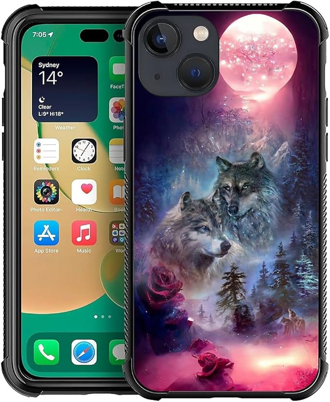 for iPhone 13 Case, Star Two Wolfs Howling Pattern Graphic Design Girl Boy Soft by FKBRCL4U
