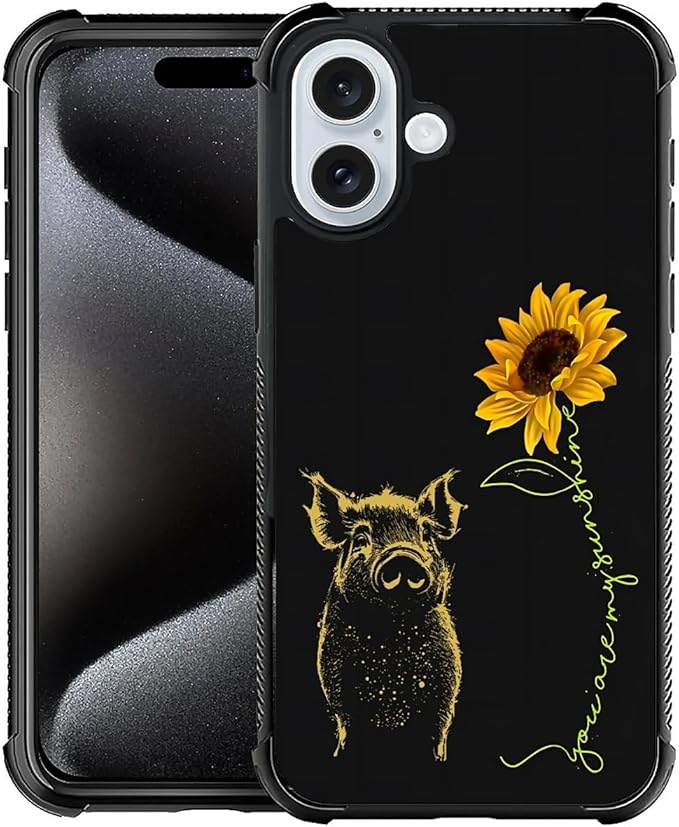 for iPhone 16 Case, Pig Sunflower Yellow Sunshine Pattern Graphic Design Girl by FKBRCL4U
