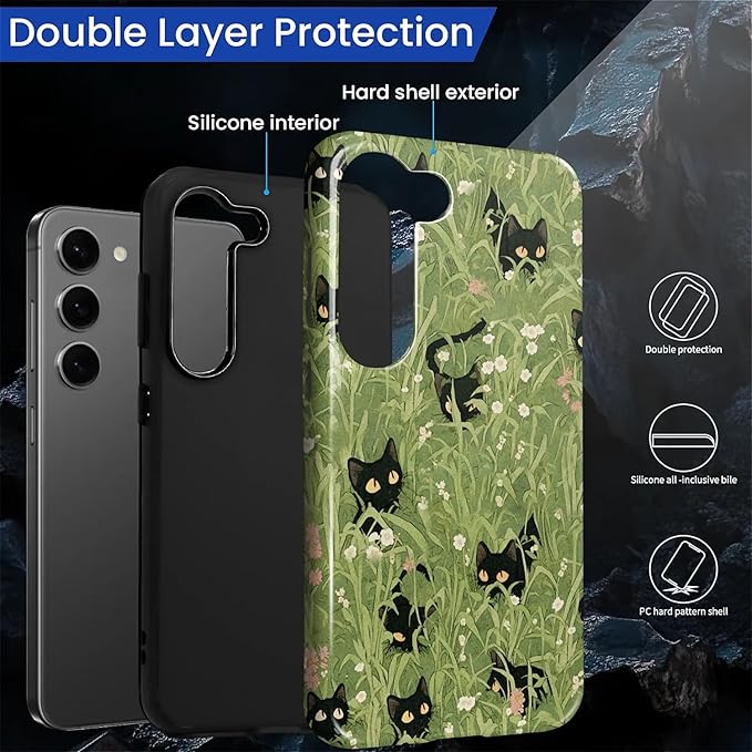 for Samsung Galaxy S23 Plus Case, HL2 Grass Cat Hybrid 2 Layer Hard Shell - Image 2