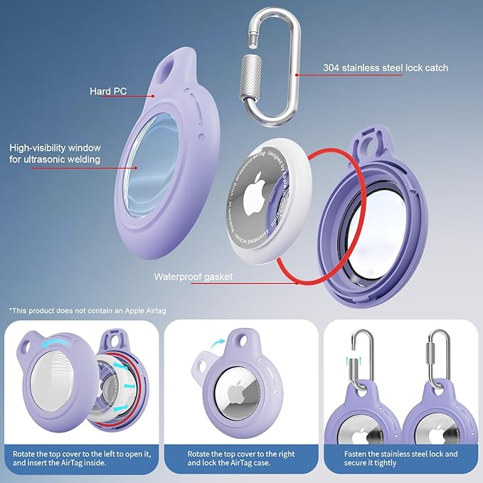 AirTag Holder with 304 Carabiner, 4 Pack IPX8 Waterproof Shockproof PC Hard Case - Image 2
