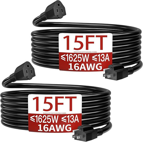 16/3 Indoor Extension Cord 15 FT 2 Pack, 3 Prong Power Cable, Suitable by Skrizcable