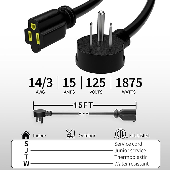 Vockjour 15 FT Black Low Profile Flat Plug 14 Gauge Heavy Duty Extension Cord - Image 2