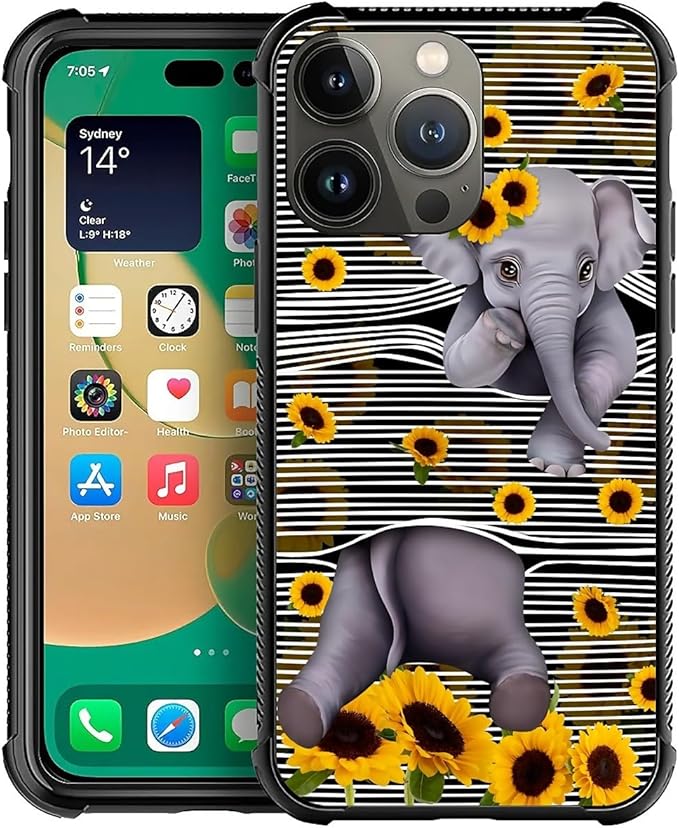 for iPhone 14 Pro Case, Cute Little Elephant Sunflower White Line Art Pattern by FKBRCL4U