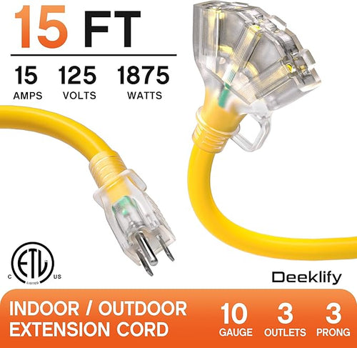 15 ft 10 Gauge Heavy Duty 3 Outlet Extension Cord Splitter - Image 2