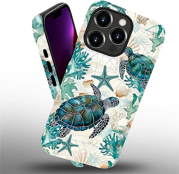 for iPhone 13 Pro Case, HH2 Ocean Sea Turtle Nautical Map Hybrid 2 Layer Hard - Image 2