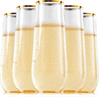 FOCUSLINE 24 Pack 9 Oz Plastic Stemless Gold Rim Champagne Flutes, Heavy Duty by FOCUSLINE