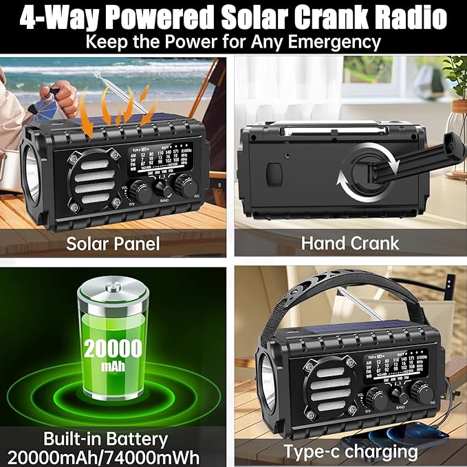 Aivica 20000mah Emergency Radio, SW/NOAA/AM/FM Weather Radio, Solar Powered - Image 4