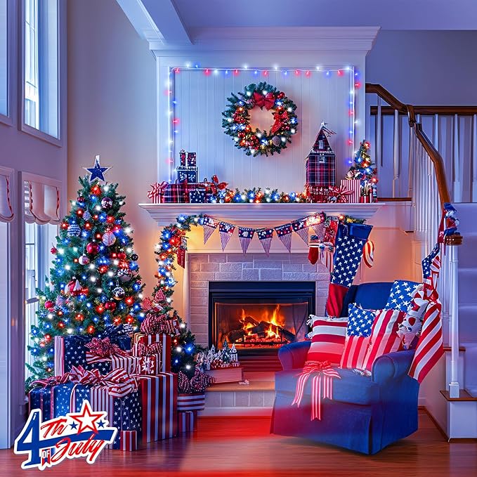 JMEXSUSS 2 Pack Red White and Blue Lights Outdoor, 33ft 100 LED 4th of July - Image 4