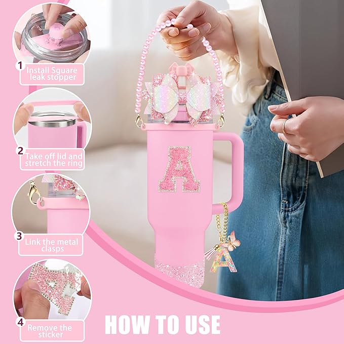 9PCS Pink for Stanley Cup Accessories Set Bling Initials Bow Charms for Stanley - Image 5