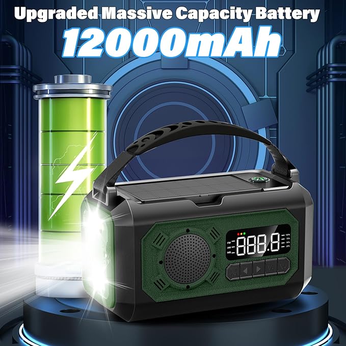 12000mAh Emergency Weather Radio, Hand Crank Solar Radio Portable AM/FM/NOAA - Image 3