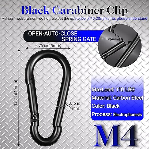 200 Pack 1.57" Heavy Duty Carabiner Clips, M4 Black Galvanized Steel Spring - Image 2