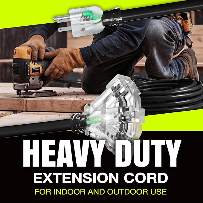 25ft Outdoor/Indoor Extension Cord 3-Outlet 12/3 Gauge Extra Heavy Duty 3 Prong - Image 7