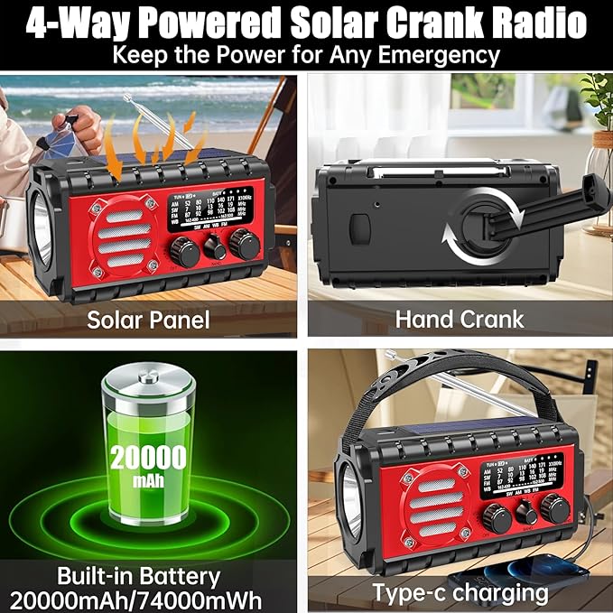 20000mah Emergency Radio, SW/NOAA/AM/FM Weather Radio, Solar Powered Hand Crank - Image 6
