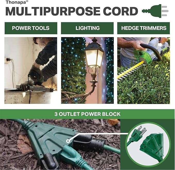 Thonapa Weatherproof Green Extension Cord 6 ft 3 Outlets, 16/3 SJTW Outdoor - Image 6