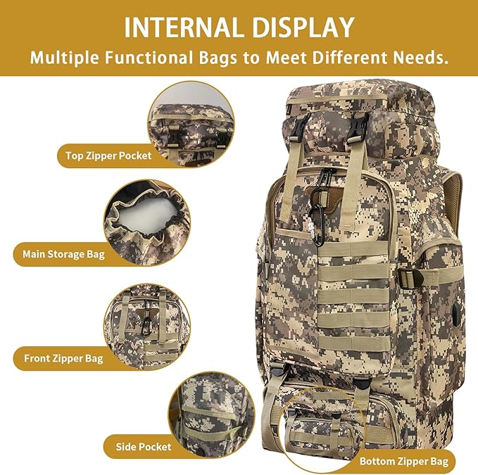 80L Camping Hiking Backpack, Large Military Tactical Backpack - Image 6
