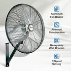 Hurricane Pro Commercial Grade Oscillating Metal Wall Mount Fan w/ 3 Speeds - Image 2