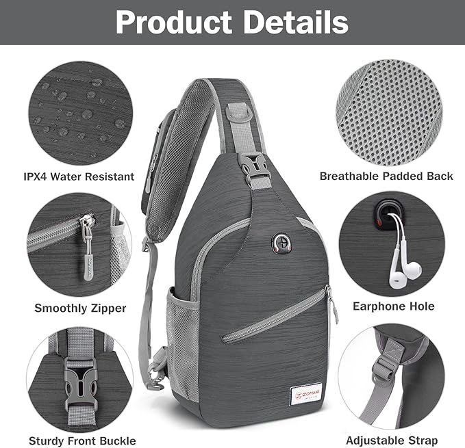ZOMAKE Sling Bag, Small Crossbody Sling Backpack, Water Resistant Shoulder - Image 4