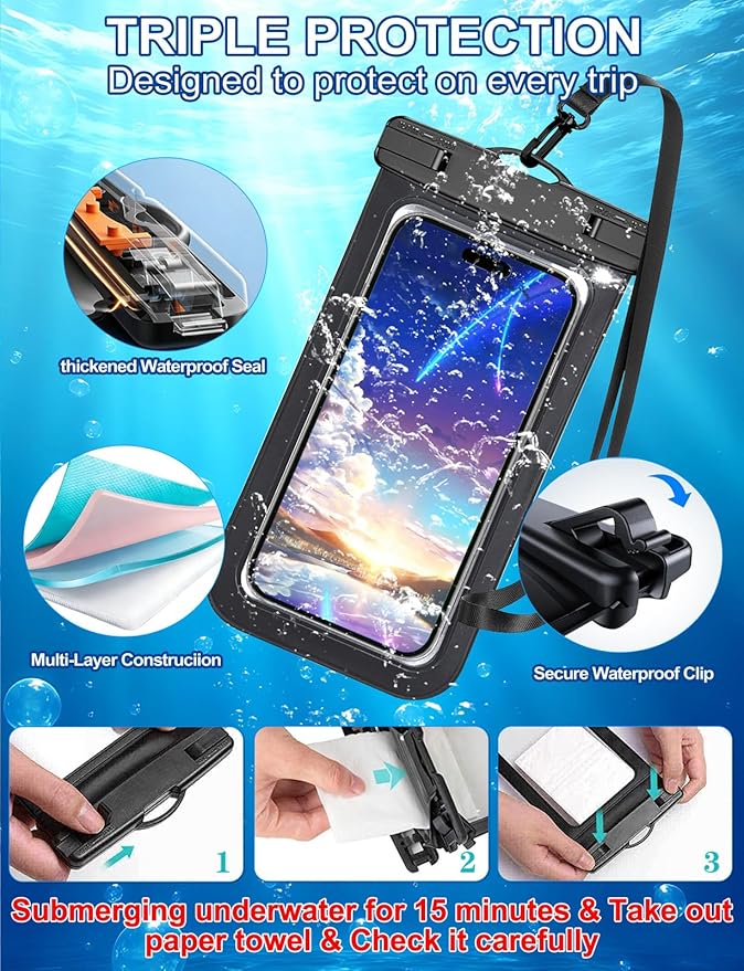 Famoby Up to 8.3" 3 Pack Black Universal Waterproof Phone Pouch, Phone - Image 5