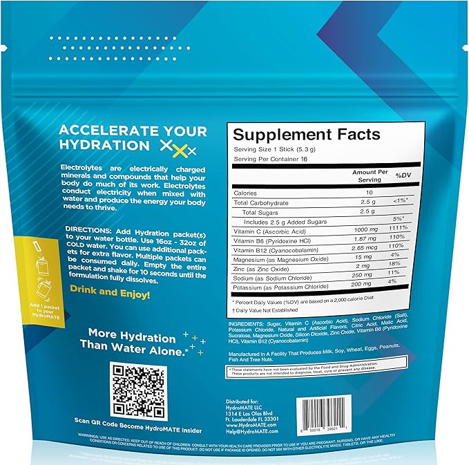 HydroMATE Electrolyte Powder Lemon Lime Hydration Packets Low Sugar 16 Count - Image 4