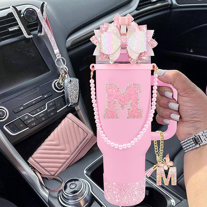 9PCS Pink for Stanley Cup Accessories Set Bling Initials Bow Charms for Stanley - Image 6
