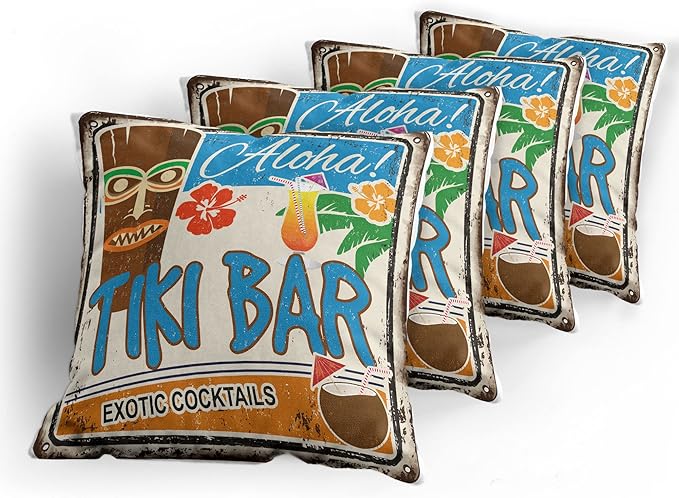 Ambesonne Tiki Bar Decorative Throw Pillow Case Pack of 4, Rusty Vintage Sign - Image 5