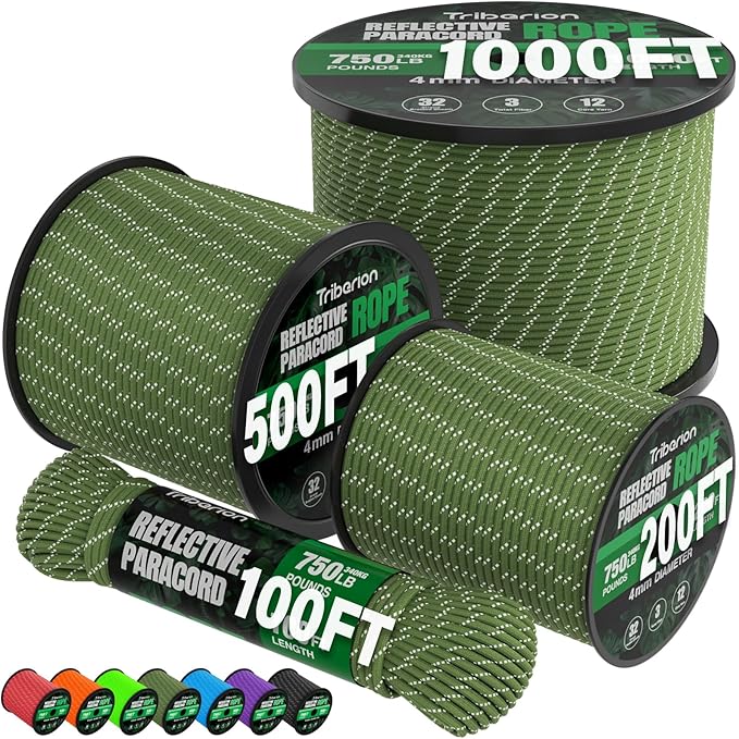 Reflective Paracord Rope 750 lb - 500ft 5/32" Parachute Cord 4MM 12-Strand para by Triberion