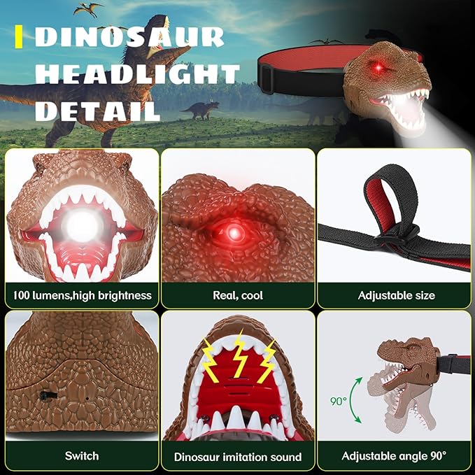 Dysaim Dinosaur Headlamp for Kids Head Lamp Outdoor Camping Essentials Gear - Image 4