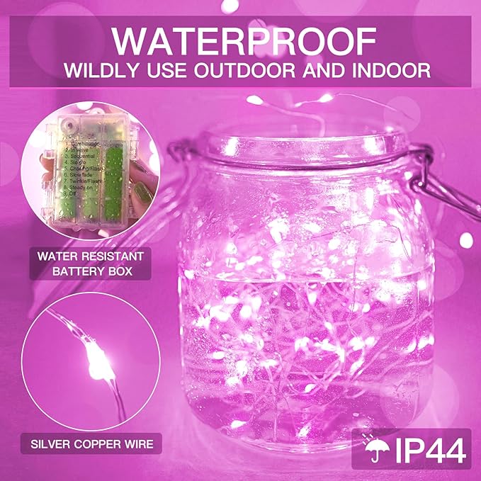 suddus Pink Fairy Lights Battery Operated Outdoor Waterproof, 33ft 100 Led - Image 6