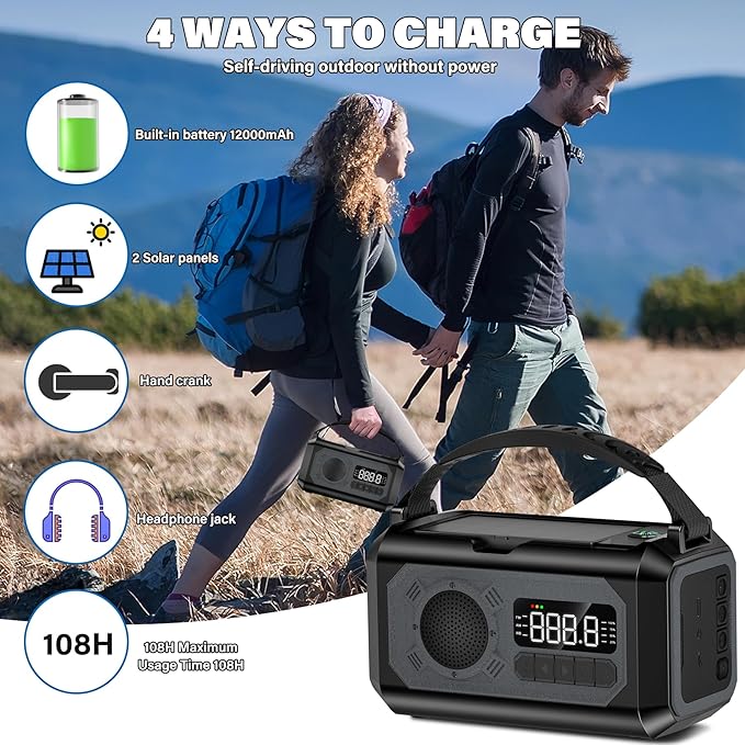 12000mAh Emergency Weather Radio, Hand Crank Solar Radio Portable AM/FM/NOAA - Image 5