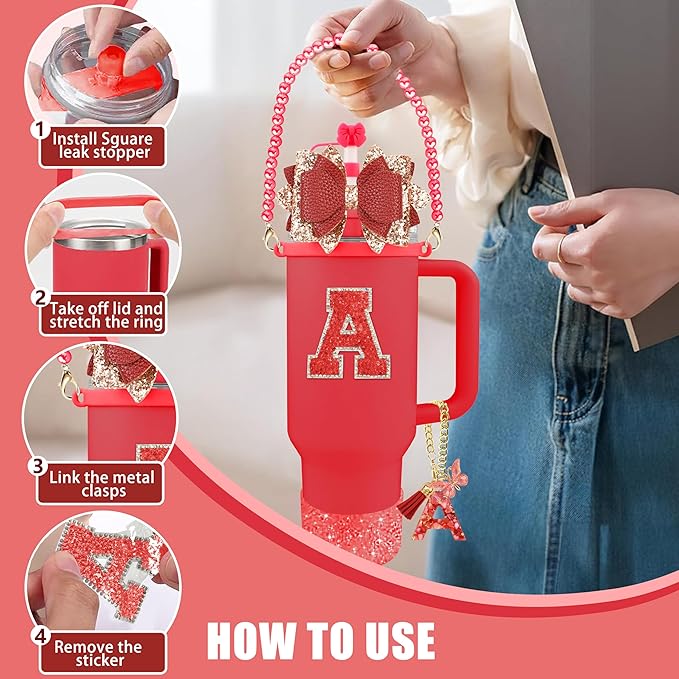 9PCS Red for Stanley Cup Accessories Set Bling Initials Bow Charms for Stanley - Image 5