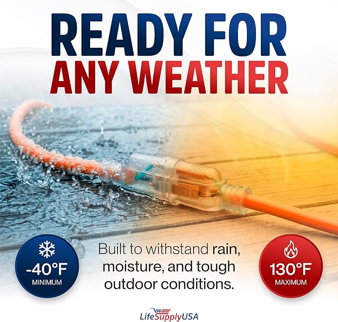 75ft Outdoor/Indoor Extension Cord 16/3 Gauge Heavy Duty 3 Prong SJTW, - Image 5