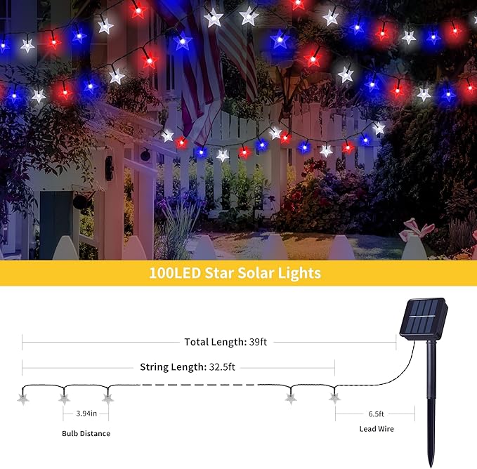 2 Pack Solar Powered Outdoor Patriotic Star String Lights, 100 LED 33 FT Each - Image 7