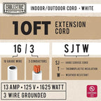 16/3 White Outdoor Extension Cord 10 Foot - 13 Amp Electrical Cable 3 Prong - Image 2