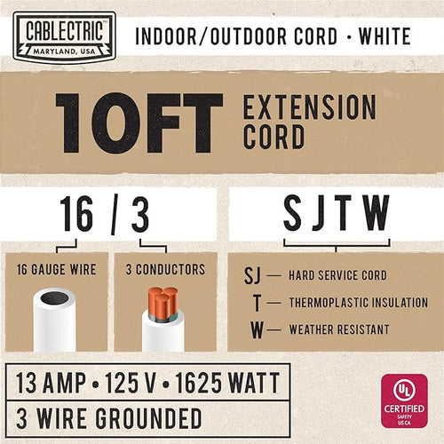 16/3 White Outdoor Extension Cord 10 Foot - 13 Amp Electrical Cable 3 Prong - Image 2