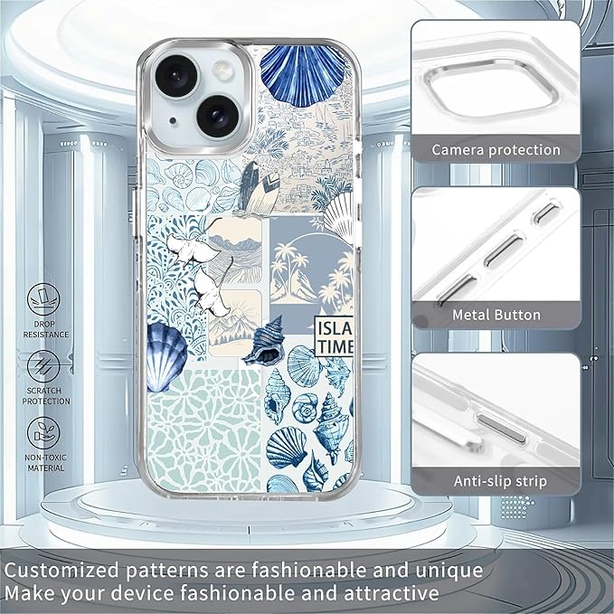 Case for iPhone 14 Plus/15 Plus, Sea Life Ocean Waves Seashell Collage Phone - Image 2