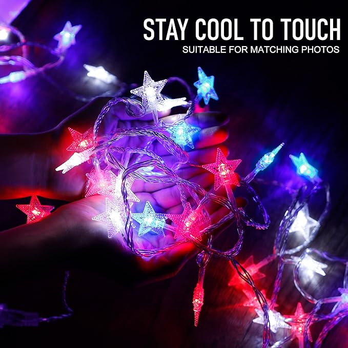 Twinkle Star 4th of July Decoration Lights, 100 LED 49FT Red White Blue Star - Image 4