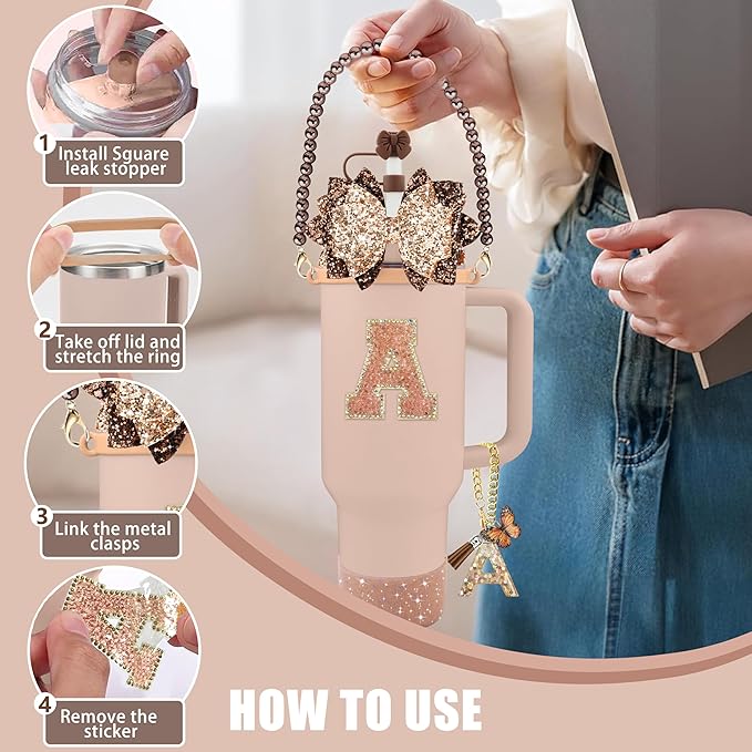 9PCS Brown for Stanley Cup Accessories Set Bling Initials Bow Charms for - Image 5