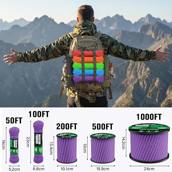 Reflective Paracord Rope 750 lb - 200ft 5/32" Parachute Cord 4MM 12-Strand para - Image 5